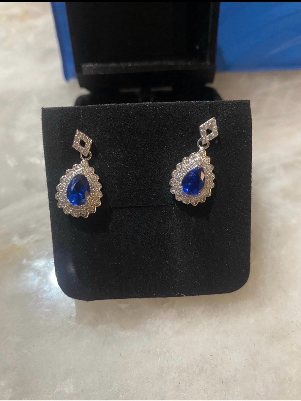 Blue & White Sapphire Drop Earrings Sterling Silver Pear Cut Flower Shaped